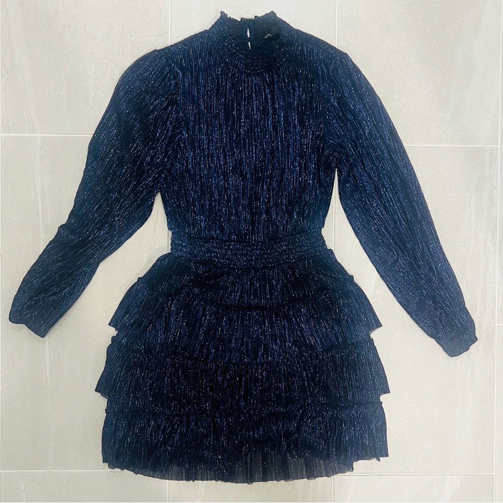 Express metallic blue high neck, sheer long sleeve mini dress, size XS!